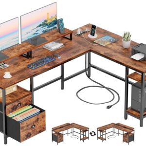 Furologee 66” L Shaped Desk with Power Outlet, Reversible Computer Gaming Desk with File Drawer & 2 Monitor Stands for Home Office with Storage Shelves, Rustic Brown Furologee 66” L Shaped Desk with Power Outlet, Reversible Computer Gaming Desk with File Drawer & 2 Monitor Stands for Home Office with Storage Shelves, Rustic Brown