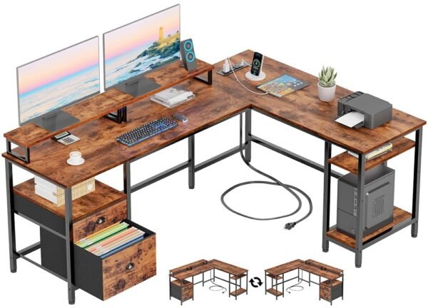 Furologee 66” L Shaped Desk with Power Outlet, Reversible Computer Gaming Desk with File Drawer & 2 Monitor Stands for Home Office with Storage Shelves, Rustic Brown Furologee 66” L Shaped Desk with Power Outlet, Reversible Computer Gaming Desk with File Drawer & 2 Monitor Stands for Home Office with Storage Shelves, Rustic Brown