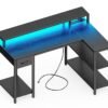 SUPERJARE 47 inch Reversible L Shaped Desk with LED Lights & Power Outlets, Computer Desk with Shelves & Monitor Stand, Gaming Desk with Drawer, Home Office Desk Corner Desk, Black
