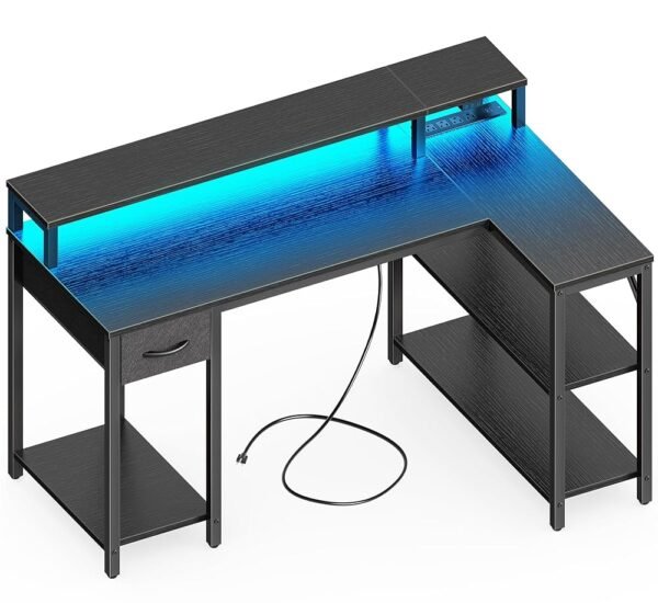 SUPERJARE 47 inch Reversible L Shaped Desk with LED Lights & Power Outlets, Computer Desk with Shelves & Monitor Stand, Gaming Desk with Drawer, Home Office Desk Corner Desk, Black