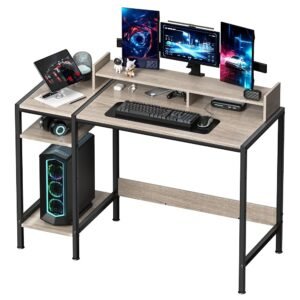 Computer Desk - 47” Gaming Desk, Home Office Desk with Storage, Small Desk with Monitor Stand, Writing Desk for 2 Monitors, Adjustable Storage Space, Modern Design Corner Table