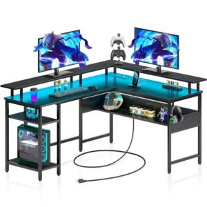 Rolanstar Computer Desk L Shaped 56.7" with LED Lights and Power Outlets, Reversible L Shaped Gaming Desk with Monitor Stand, Home Office Desk with Storage, Desk with USB Port...