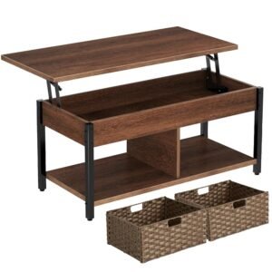 Rolanstar Lift Top Coffee Table with Hidden Storage Compartment and 2 Rattan Baskets, 41.7" Retro Central Table with Wooden Lift Tabletop and Metal Frame for Living Room, Espresso Rolanstar Lift Top Coffee Table with Hidden Storage Compartment and 2 Rattan Baskets, 41.7" Retro Central Table with Wooden Lift Tabletop and Metal Frame for Living Room, Espresso