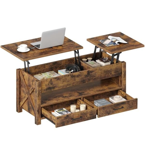 Seventable Coffee Table, 47.2" Lift Top Coffee Table with 2 Storage Drawers and Hidden Compartment, Farmhouse Center Table with Wooden Lift Tabletop, for Living Room,Rustic Brown Seventable Coffee Table, 47.2" Lift Top Coffee Table with 2 Storage Drawers and Hidden Compartment, Farmhouse Center Table with Wooden Lift Tabletop, for Living Room,Rustic Brown