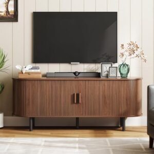 55" TV Stand with Power Outlet for TVs up to 60 Inch, Entertainment Center with Storage and Adjustable Shelves, Modern Media Console with Sliding Doors for Living Room, Walnut 55" TV Stand with Power Outlet for TVs up to 60 Inch, Entertainment Center with Storage and Adjustable Shelves, Modern Media Console with Sliding Doors for Living Room, Walnut