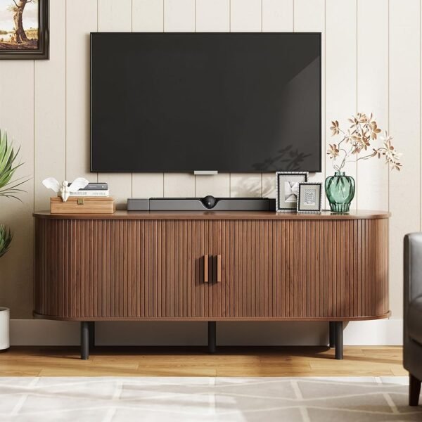 55" TV Stand with Power Outlet for TVs up to 60 Inch, Entertainment Center with Storage and Adjustable Shelves, Modern Media Console with Sliding Doors for Living Room, Walnut 55" TV Stand with Power Outlet for TVs up to 60 Inch, Entertainment Center with Storage and Adjustable Shelves, Modern Media Console with Sliding Doors for Living Room, Walnut