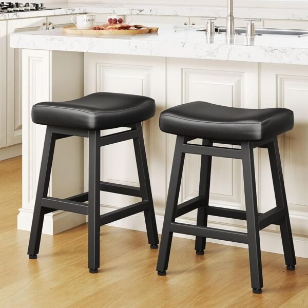 Counter Height Bar Stools Set of 2, 24 Inch Barstools for Kitchen Counter, Kitchen Stools with Bonded Leather Saddle Seats & Heavy Duty Metal Legs, Easy Assembly, All Black Counter Height Bar Stools Set of 2, 24 Inch Barstools for Kitchen Counter, Kitchen Stools with Bonded Leather Saddle Seats & Heavy Duty Metal Legs, Easy Assembly, All Black
