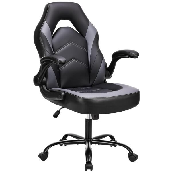 DUMOS Computer Game Desk Chair - Ergonomic PU Leather Lumbar Support, Height Adjustable High Back Video Game with Flip-up Armrest, Rolling Swivel for Adults, Grey DUMOS Computer Game Desk Chair - Ergonomic PU Leather Lumbar Support, Height Adjustable High Back Video Game with Flip-up Armrest, Rolling Swivel for Adults, Grey