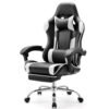 DUMOS Ergonomic Gaming Desk Chair - PU Leather Recliner with Footrest, Lumbar Support, Headrest, Fixed Armrests, Height Adjustable, 360° Swivel, White, for Adults DUMOS Ergonomic Gaming Desk Chair - PU Leather Recliner with Footrest, Lumbar Support, Headrest, Fixed Armrests, Height Adjustable, 360° Swivel, White, for Adults