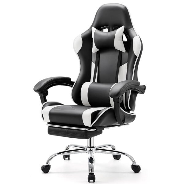 DUMOS Ergonomic Gaming Desk Chair - PU Leather Recliner with Footrest, Lumbar Support, Headrest, Fixed Armrests, Height Adjustable, 360° Swivel, White, for Adults DUMOS Ergonomic Gaming Desk Chair - PU Leather Recliner with Footrest, Lumbar Support, Headrest, Fixed Armrests, Height Adjustable, 360° Swivel, White, for Adults