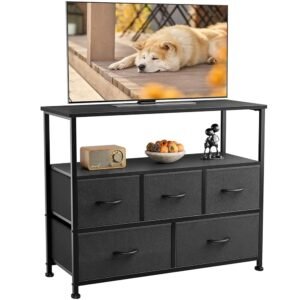 DUMOS TV Stand Dresser for Bedroom with 5 Fabric Drawer,Entertainment Center for 45 inch Television, Media Console Table with Storage, Open Shelf, Adjustable Feet, Living Room... DUMOS TV Stand Dresser for Bedroom with 5 Fabric Drawer,Entertainment Center for 45 inch Television, Media Console Table with Storage, Open Shelf, Adjustable Feet, Living Room...
