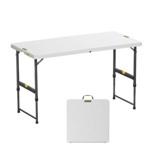 FanttikOutdoor 4ft Portable Folding Table, One-Handed Height Adjustment, 4 Heights, Gravity Lock, Carry Handle, Indoor Outdoor Heavy Duty Fold-in-Half Utility Table, Party,... FanttikOutdoor 4ft Portable Folding Table, One-Handed Height Adjustment, 4 Heights, Gravity Lock, Carry Handle, Indoor Outdoor Heavy Duty Fold-in-Half Utility Table, Party,...