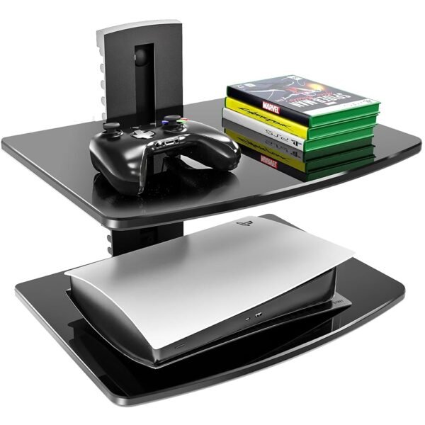 FITUEYES 2 Tiers Floating Shelves for Wall Under TV DVD Shelf Wall Mount Shelves Hold up to 22lbs Tempered Glass for PS4, Xbox, Game Console and Cable Box Black FITUEYES 2 Tiers Floating Shelves for Wall Under TV DVD Shelf Wall Mount Shelves Hold up to 22lbs Tempered Glass for PS4, Xbox, Game Console and Cable Box Black