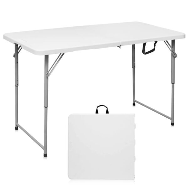 Folding Table 4 Foot Portable Heavy Duty Plastic Fold-in-Half Utility Table Small Indoor Outdoor Adjustable Height Folding with Carrying Handle, Camping and Party,White