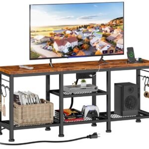 Furologee TV Stand with Power Outlets, Entertainment Center with Open Storage Shelves for TVs up to 55 Inch, TV Media Console Table with Soundbar Shelf for Living Room, Bedroom,...