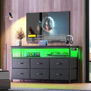 Huuger LED TV Stand for Bedroom, 47 Inch Fabric Dresser with Power Outlets, Entertainment Center for 55, 50, 43 Inch TV, 6 Drawer Dresser for Bedroom, Chest of Drawers with... Huuger LED TV Stand for Bedroom, 47 Inch Fabric Dresser with Power Outlets, Entertainment Center for 55, 50, 43 Inch TV, 6 Drawer Dresser for Bedroom, Chest of Drawers with...