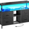 Huuger TV Stand Dresser with Power Outlets and LED Lights, 4 Drawers Entertainment Center with Open Shelf, Media Console for 50 43 Inch TV, Dresser with PU Finish, Black Huuger TV Stand Dresser with Power Outlets and LED Lights, 4 Drawers Entertainment Center with Open Shelf, Media Console for 50 43 Inch TV, Dresser with PU Finish, Black