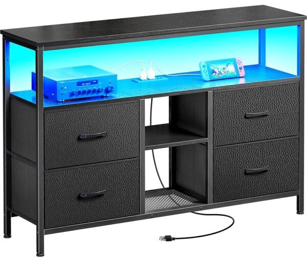 Huuger TV Stand Dresser with Power Outlets and LED Lights, 4 Drawers Entertainment Center with Open Shelf, Media Console for 50 43 Inch TV, Dresser with PU Finish, Black Huuger TV Stand Dresser with Power Outlets and LED Lights, 4 Drawers Entertainment Center with Open Shelf, Media Console for 50 43 Inch TV, Dresser with PU Finish, Black