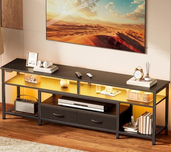 Huuger TV Stand for 65 70 Inch TV, Entertainment Center with Power Outlets and LED Lights, TV Console for Living Room, Media Console with Drawers and Shelves, Black Huuger TV Stand for 65 70 Inch TV, Entertainment Center with Power Outlets and LED Lights, TV Console for Living Room, Media Console with Drawers and Shelves, Black