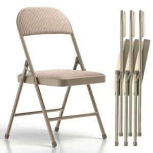Nazhura 4 Pack Folding Chairs, Fabric Dining Chair Set with Padded Cushion and Back, Indoor Outdoo Seat for Home Office Events Wedding Party (Oatmeal Strip Fabric Seating) Nazhura 4 Pack Folding Chairs, Fabric Dining Chair Set with Padded Cushion and Back, Indoor Outdoo Seat for Home Office Events Wedding Party (Oatmeal Strip Fabric Seating)