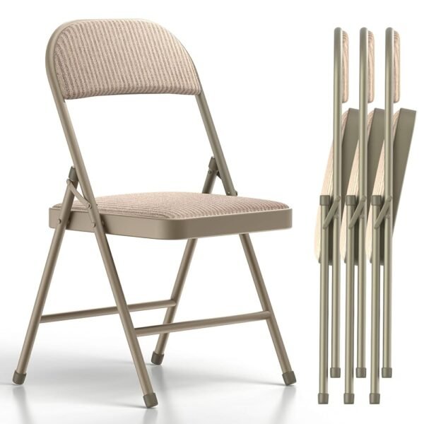 Nazhura 4 Pack Folding Chairs, Fabric Dining Chair Set with Padded Cushion and Back, Indoor Outdoo Seat for Home Office Events Wedding Party (Oatmeal Strip Fabric Seating) Nazhura 4 Pack Folding Chairs, Fabric Dining Chair Set with Padded Cushion and Back, Indoor Outdoo Seat for Home Office Events Wedding Party (Oatmeal Strip Fabric Seating)