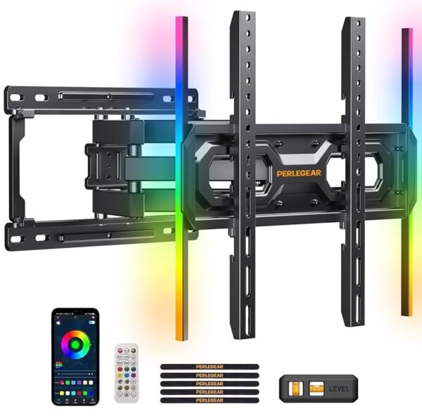 Perlegear Pre-Assembled TV Wall Mount with LED Lights for 26-65 inch TVs up to 99 lbs, Max VESA 400x400mm, Swivel, Extension, Tilt, TV Backlights with Music Sync, Fits 16”/12”...