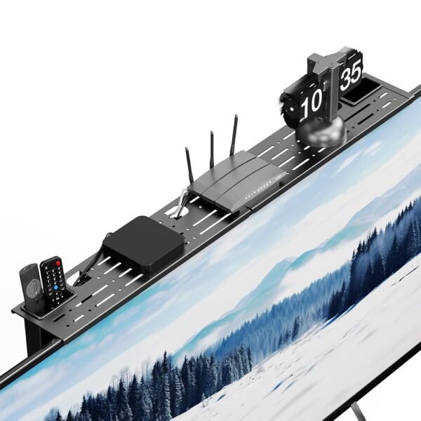 Steel TV Top Shelf- Adjustable Screen Shelf Floating Stand with 2 Storage Boxes,Computer Screen Shelf for Soundbar, Media Boxes, Game Console, Router and Home,34.65×4.33inch