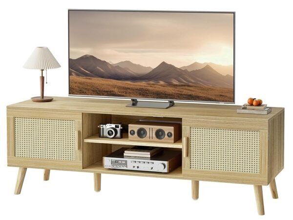 SUPERJARE Boho TV Stand for 65 Inch TV, Entertainment Center with Adjustable Shelf, Rattan TV Console with 2 Cabinets, Media Console, Solid Wood Feet, 4 Cord Holes, for Living... SUPERJARE Boho TV Stand for 65 Inch TV, Entertainment Center with Adjustable Shelf, Rattan TV Console with 2 Cabinets, Media Console, Solid Wood Feet, 4 Cord Holes, for Living...