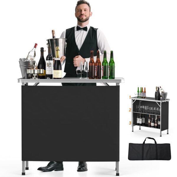 VINGLI Portable Bar Table, 3-Tier Shelves, Mobile Bar Table for Events, Party, Camping, Picnic, Tradeshow, Indoor with Black Skirt, 39 "L x 34" H VINGLI Portable Bar Table, 3-Tier Shelves, Mobile Bar Table for Events, Party, Camping, Picnic, Tradeshow, Indoor with Black Skirt, 39 "L x 34" H