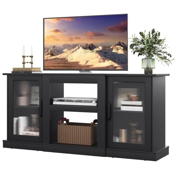 WLIVE Retro TV Stand for 65 inch TV, TV Console Cabinet with Storage, Open Shelves Entertainment Center for Living Room and Bedroom, Black WLIVE Retro TV Stand for 65 inch TV, TV Console Cabinet with Storage, Open Shelves Entertainment Center for Living Room and Bedroom, Black