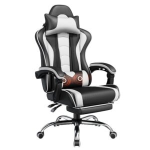 Yaheetech Gaming Chair, Video Game Chair with Massage Lumbar Support and Footrest Height Adjustable Ergonomic Computer Gaming Chair with Swivel Seat and Headrest, Black/White Yaheetech Gaming Chair, Video Game Chair with Massage Lumbar Support and Footrest Height Adjustable Ergonomic Computer Gaming Chair with Swivel Seat and Headrest, Black/White