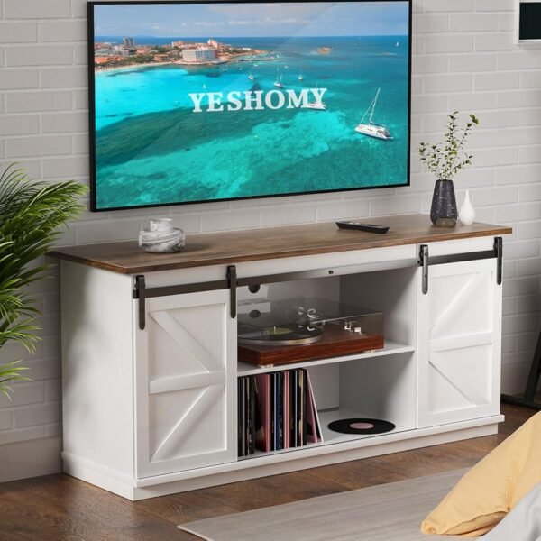 YESHOMY Farmhouse TV Stand and Entertainment Center for Televisions up to 65 Inchs, with Sliding Barn Doors and Storage Cabinets, Console Table and Media Furniture for Living...