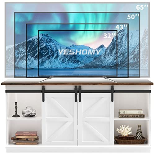 YESHOMY Farmhouse TV Stand Review for Large Milk White Entertainment Centers