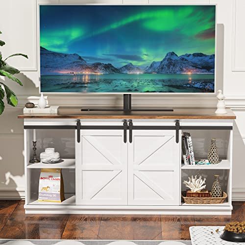 YESHOMY Farmhouse TV Stand Review for Large Milk White Entertainment Centers