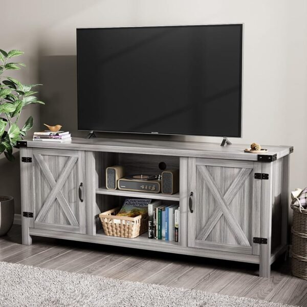 YESHOMY Modern Farmhouse TV Stand with Two Barn Doors and Storage Cabinets for Televisions up to 65+ Inch, Entertainment Center Console Table, Media Furniture for Living Room,...